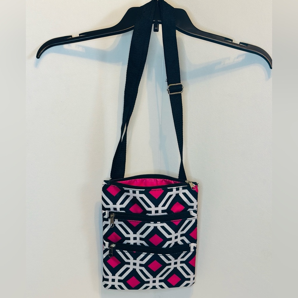 Black White and Pink Geometric Pattern Hipster Crossbody Messenger Bag Purse